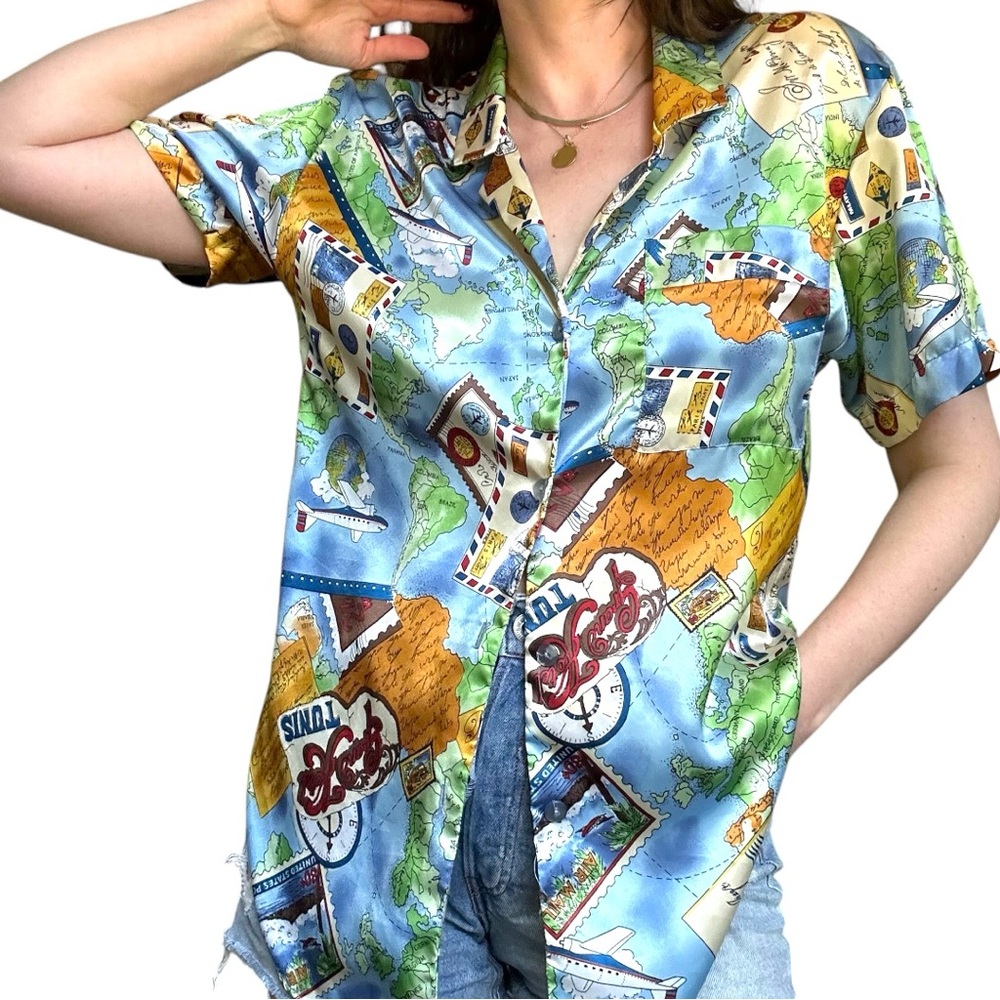 Vintage Colorful Map Print Vacation Shirt